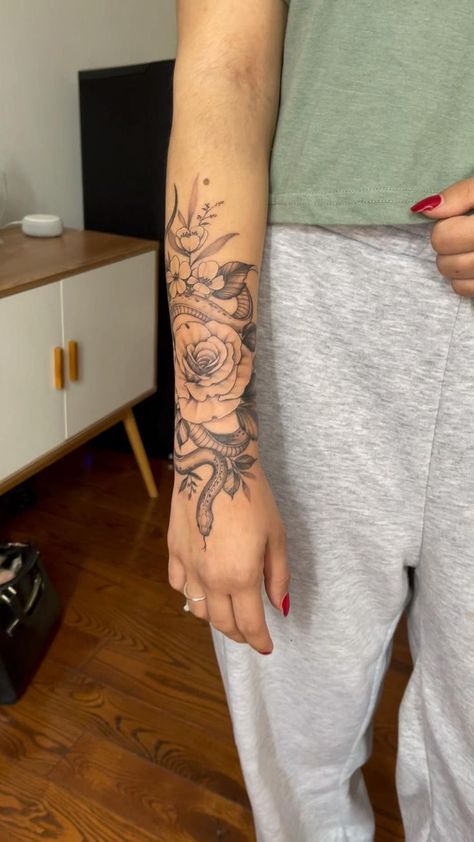 Snake Forearm Tattoo Women Wrap, Snake And Flower Wrapped Around Arm Tattoo, Tattoos All Over Women, Snake Wrist Tattoo Wrap With Flowers, Inner Fore Arm Tattoos, Small Half Sleeve Tattoo For Women, Tattoo Ideas Female Lower Arm, Starting Sleeve Tattoo Ideas Women, Hand To Arm Tattoo Women