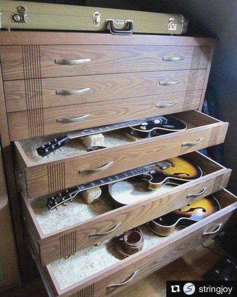 stringjoy ・・・ You know you've made it when you have a dresser full of guitars. I'll get there one of these days... Killer shot Ruang Studio Musik, Music Furniture, Music Room Design, Guitar Studio, Guitar Storage, Guitar Display, Home Music Rooms, Home Studio Ideas, Guitar Room