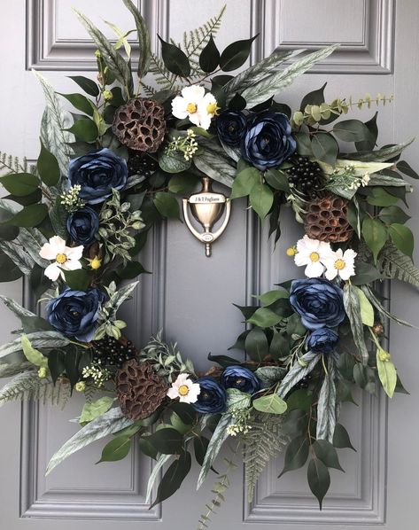 All Season Front Door Decor, Wreaths With Blue Flowers, All Season Wreaths For Front Door, Year Round Wreaths For Front Door, Blue Wreaths For Front Door, Cosmo Flowers, Church Wreath, Blue Wreaths, Autumn Arrangements