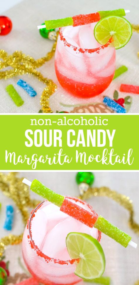 Sour Candy Margarita Mocktail Recipe - An easy non-alcoholic beverage for the holidays (and beyond!) #punchup #ad Non Alcoholic Mocktail, Sour Recipes, Margarita Mocktail Recipe, Sour Candy Recipe, Non Alcoholic Margarita, Margarita Mocktail, Sour Drink, Mocktail Drinks, Season Recipes