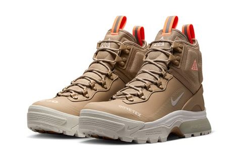 Nike ACG Zoom Gaiadome GORE-TEX Gets Fitted in a “Khaki/Atomic Orange” Color Scheme Orange Color Schemes, All Weather Boots, Black Winter Boots, Nike Boots, Hiking Sneakers, Waterproof Hiking Shoes, Weather Boots, Hiking Shoe, Nike Acg