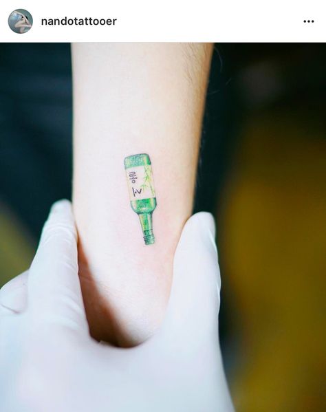 Soju Bottle Tattoo, Soju Tattoo, Mint App, Tattoos 2022, Bicycle Tattoo, Food Tattoos, Korean Tattoos, Bottle Tattoo, Salon Software