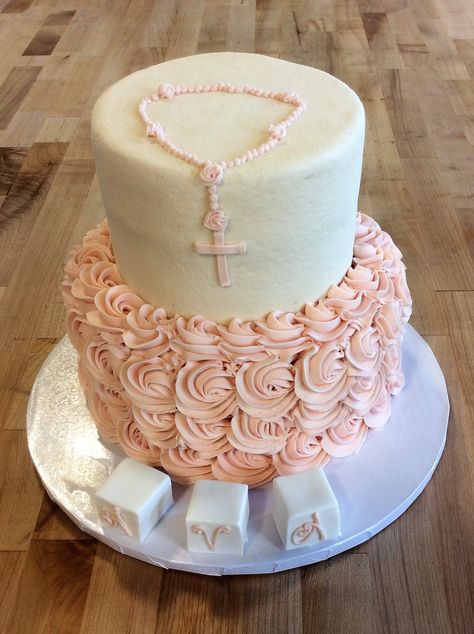 Pink Party Cake with Rosary Rosary Cake Ideas, Rosary Cake, Pink Party Cake, Confirmation Dresses, First Communion Decorations, Communion Decorations, Fun Cakes, 1st Communion, Baptism Cake