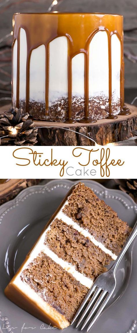 This Sticky Toffee Pudding Cake transforms the classic British dessert into a delicious layer cake! Date infused cake layers, vanilla buttercream, and a decadent toffee sauce. | livforcake.com Toffee Pudding Cake, Sticky Toffee Pudding Cake, Super Torte, Toffee Cake, British Desserts, Toffee Sauce, Toffee Pudding, Sticky Toffee Pudding, Cake Layers