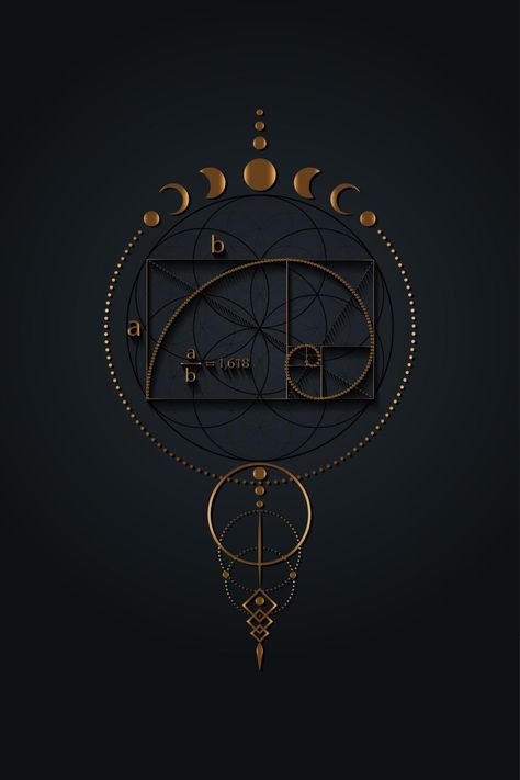 Golden ratio, Fibonacci Sequence number, mystical flower of life and Moon Phases, Sacred geometry. Gold divine proportion wicca banner, energy circles, boho style vector isolated on black background Golden Ratio Wallpaper, Library Ceiling, Sacred Geometry Art Mandalas, Golden Ratio Tattoo, Sacred Geometry Meanings, Fibonacci Art, Fibonacci Number, Fibonacci Tattoo, Energy Circles