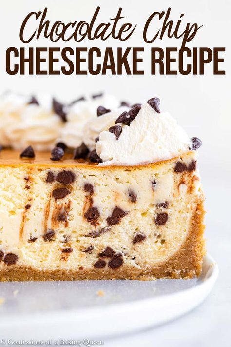 This easy recipe for Chocolate Chip Cheesecake will be your new favorite dessert recipe! A graham cracker crust has a luscious cheesecake filling loaded with mini chocolate chips, then topped with fresh whipped cream and more chocolate chips! Heaven in a bite! Step-by-step photos and a video help you conquer this cheesecake recipe!   #cheesecake #dessert #recipe #cheesecakerecipe #chocolate #chocolatechips #chocolatechipcheesecake Fresh Whipped Cream, Chocolate Chip Cheesecake, Cheesecake Filling, Cracker Crust, Favorite Dessert Recipes, Favorite Dessert, Graham Cracker Crust, Chocolate Cheesecake, Graham Cracker