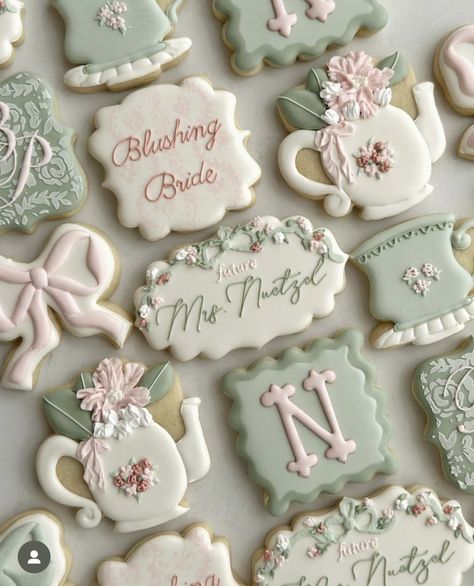 Bridal Tea Cookies, High Tea Bridal Shower Decor, Tea Party Royal Icing Cookies, Tea With Bride To Be, High Tea With The Bride To Be, Bachelorette High Tea, Tea With The Bride To Be Decor, Tea Party Bridal Shower Cookies, Tea With The Bride To Be