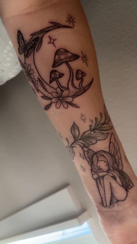 Fairy Garden Half Sleeve Tattoo, Small Medium Tattoo Ideas, Mythical Creatures Tattoo Sleeve, Mushroom Tattoos For Women, Fairy Grunge Tattoo, Ethereal Tattoo Sleeve, Fairy Core Tattoos, Whimsical Tattoos For Women, Enchanted Forest Tattoo