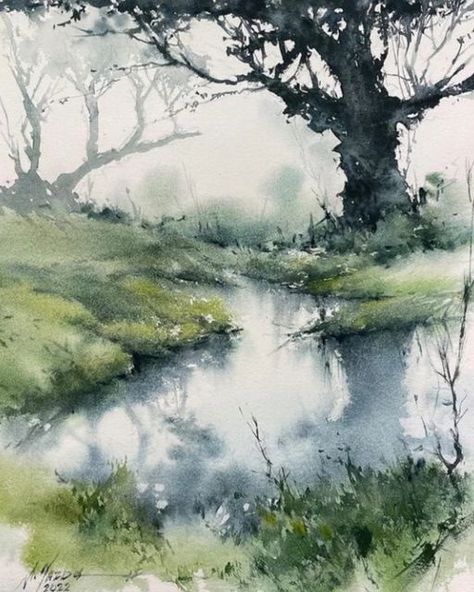 Waterfall Watercolor, Mohammad Ali, Loose Watercolor Paintings, Monochrome Painting, Calm Art, Sketch Watercolor, Nature Watercolor, Watercolor Art Paintings, Watercolor Paintings For Beginners