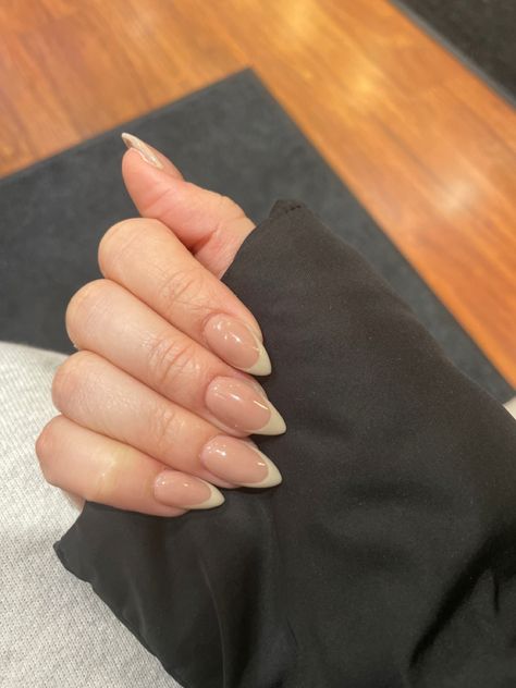 Beige Almond French Tip Nails, French Tips Beige, Simple Cream Nails, Creme French Tip Nails, Cream Tip Nails, Ivory French Tip Nails, Beige Tip Nails, Tan French Tip, Almond Nail Extensions