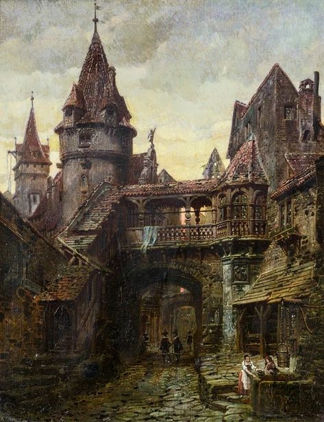 Knab Ferdinand | A medieval district at sunset | MutualArt Fantasy Village, Medieval Aesthetic, Fantasy Town, Medieval Houses, Fantasy City, Fantasy Castle, Fantasy Places, A Castle, Medieval Town