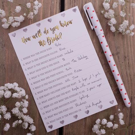 Hen Party Games Accessories Quiz - 'How Well Do You Know The Bride?' - 1 Pack of 8 Cards - The Milano Collection Our lovely designed Hen Party Game 'How Well Do You Know The Bride' is perfect for adding excitement to your celebration, as well as making a lovely keepsake for The Bride To Be.  They are printed on medium weight card and are easy to write on.  The reverse is left blank so you can write any additional message if required.  One pack contains 8 cards. The cards measure A6 in size (105 x 148mm).  For other matching Hen Party or Wedding Items please visit our store.  Please note this listing is only for the cards, it does not include the decorations. Wedding Day Games, Wedding Advice Cards, Baby Shower Items, Hen Party Games, Advice For Bride, Advice Cards, Baby Shower Cards, Wedding Advice, Star Wedding