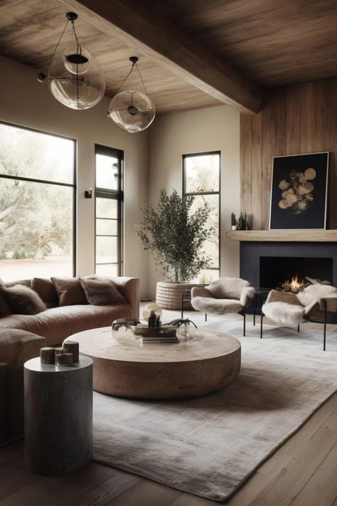 Living Room Around Fireplace, Mountain Modern Living Room, Warm Modern Living Room, Cozy Living Room Furniture, Modern Cabin Interior, Modern Rustic Home, Refined Rustic, Modern Lodge, Modern Rustic Living Room