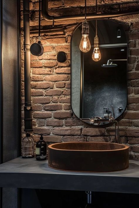 "Elevate your bathroom with the edgy charm of Industrial Design! 🚿🏭 Perfect for those who love urban, minimalistic aesthetics. 🌟✨ #ModernBathroom #IndustrialStyle #HomeDecor" Industrial Apartment Bathroom, Street Style Bathroom, Industrial Toilet Design, Industrial Interior Design Bathroom, Industrial Master Bath, Modern Industrial Bathroom Design, Bad Industrial, Restaurant Bathroom Design, Minimalist Industrial Interior Design