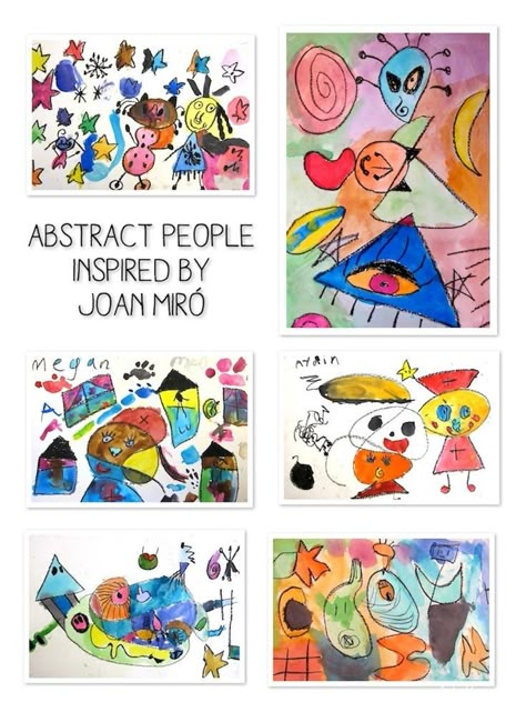 first grade abstract people inspired by Joan Miro. made with black oil pastels and watercolor Miro Art, Miro Paintings, Imaginary Creatures, Elementary Art Rooms, First Grade Art, 1st Grade Art, Art Project For Kids, 2nd Grade Art, Art Lessons For Kids