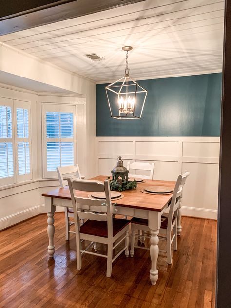 Shiplap Dining Room Ceiling, Dinning Room Bay Window, Dining Room With Bay Window Ideas, Dining Room Window Ideas, Carport Renovation, Bay Window In Dining Room, Farmhouse Board And Batten, Board And Batten Dining Room, Shiplap Dining Room