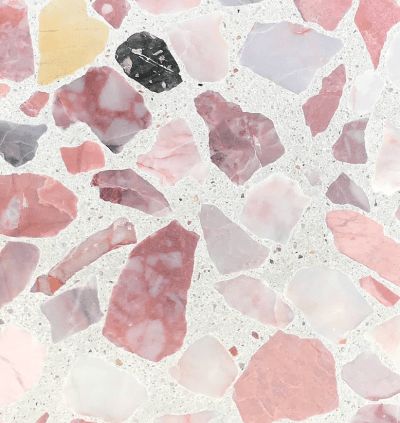 Pink terrazzo tile: Venetian Chunky Terrazzo, Concrete Love ($10+) Pink Terrazzo Tile, Terrazzo Pink, Little Bathroom, Terrazzo Texture, Pink Terrazzo, Statement Tiles, Pink Bathroom Decor, Penny Round Tiles, Terrazzo Tile