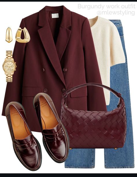 Burgundy Loafers Outfit, Burgundy Blazer Outfit Woman, Burgundy Blazer Outfit, Fashion Jeans Outfit, Burgundy Outfit, Loafers Outfit, Burgundy Blazer, Summer Ootd, Casual Outfit Inspiration