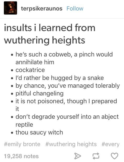 "Thou saucy witch" is overused by me XD Classical Novels, Brontë Sisters, Literary Humor, Emily Brontë, Literature Humor, Wuthering Heights, Literature Quotes, Funny Tumblr Posts, Book Memes