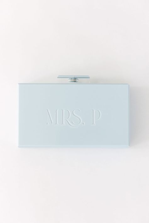 Vinyl Name Decal, Bride Purse, Bride Clutch, Acrylic Purse, Acrylic Box Clutch, Blue Bride, Engraved Acrylic, Acrylic Clutch, Save The Date Designs