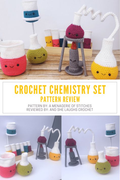 Crochet Toy Set Patterns, Chemistry Diy Gifts, Crochet Beaker Pattern Free, Crochet Dna Free Pattern, Crochet Chemistry Set Free Pattern, Science Amigurumi Free Pattern, Crochet Science Pattern Free, Crochet Science Pattern, Pharmacy Crochet