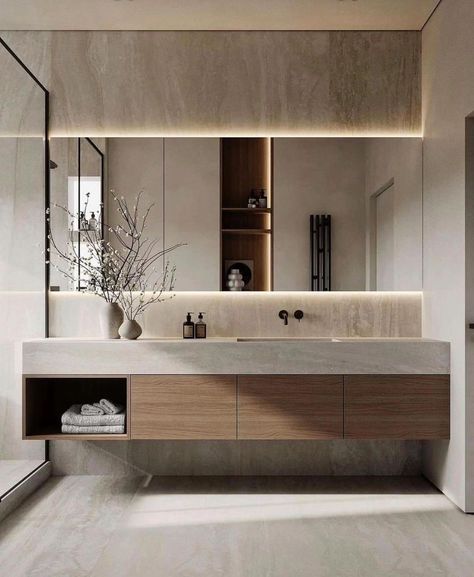 Long Restroom Ideas, Minimalistic Modern Bathroom, Small Luxurious Bathroom, Modern Bathrooms 2024, Ltk Home, Hotel Bathroom Interior Design, Patina Bathroom, Modern Natural Bathroom, Living Room With Wallpaper