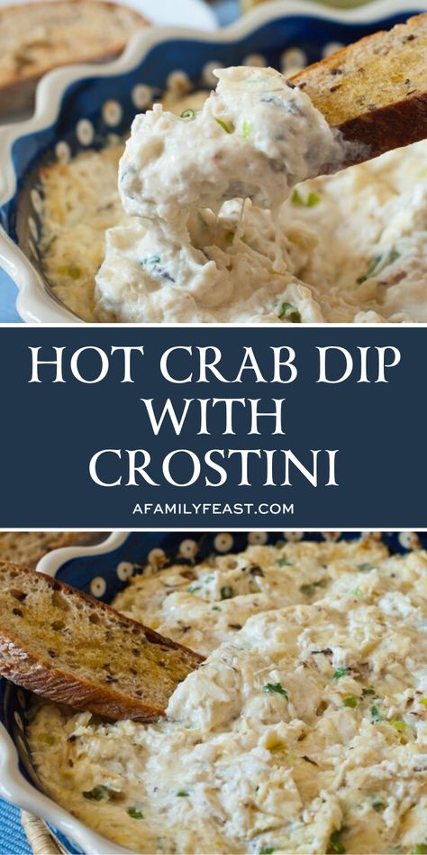 Hot Crab Crostini, Crab Dip Crostini, Crab Crostini Appetizers, Dips With Crostini, Crostini Dip, Creamy Crab Dip, Family Feast Recipes, Feast Recipes, Crab Appetizer