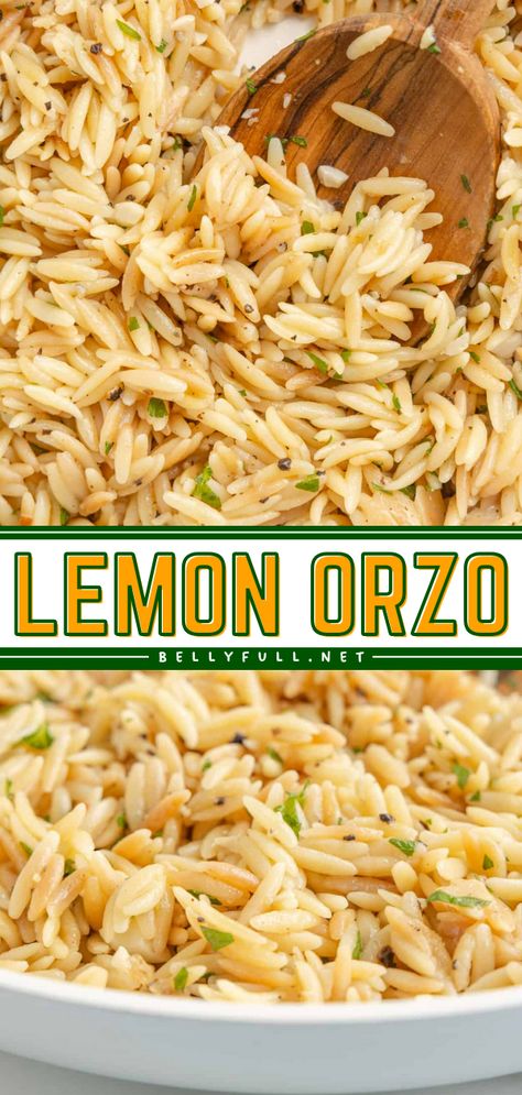 Ready in just 20 minutes, this delicious and light Lemon Orzo recipe is a quick and easy side dish that completes any weeknight dinner. Pairs well with chicken, steak, salmon, or any other protein of choice. Lemon Dishes Meals, Orzo Recipes Asian, Sea Food Side Dishes, Sides Dishes With Salmon, Sides To Pair With Salmon, Steak And Salmon Dinner Sides, Sides That Go With Salmon Dinners, Light Dinner Sides, Orzo Recipes With Salmon