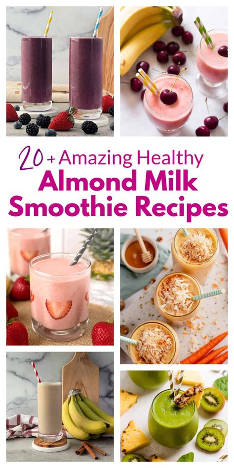 ​These almond milk smoothie recipes have two things in common. They are all healthy smoothie recipes, and they all use almond milk in the ingredients. Whip up refreshing almond milk smoothies in minutes! Blend your favorite fruits, veggies, or both for a creamy and healthy drink. Frozen fruit adds thickness, so get creative with berries, bananas, kale, or mango. Enjoy a delicious and nutritious boost anytime #almondmilksmoothierecipes #almondmilksmoothies Almond Milk Smoothies, Milk Smoothie Recipes, Almond Milk Smoothie Recipes, Almond Milk Smoothie, Berry Protein Smoothie, Smoothie Recipies, Frozen Fruit Smoothie, Blueberry Smoothie Recipe, Almond Milk Recipes