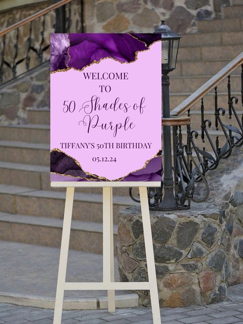 Add to your birthday decor with this editable shades of purple birthday welcome sign, perfect for your next birthday party or birthday dinner. This purple and gold agate welcome poster can be edited yourself using Canva. Print at home or take completed file to your local print shop and have them print. Print size is 18x24. All the wording is editable. Details: purple and gold agate birthday party welcome sign, shades of purple. Great to use for a shades of purple theme. Wording can be changed to 50 Shades Of Purple, Purple Birthday Decorations, Deco Violet, Lila Party, Purple Party Decorations, Purple Birthday Party, Welcome Sign Printable, Purple Theme, Birthday Welcome Sign