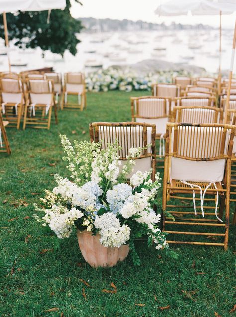 Marblehead, MA Tented Wedding | Kate Murtaugh Events Garden Party Themed Wedding, September Wedding Florals, Wedding Floral Arrangements Ceremony, Simple Wedding Alter, Altar Florals, Coastal Wedding Flowers, Ceremony Tent, Paros Wedding, Wedding Aisle Decorations Outdoor