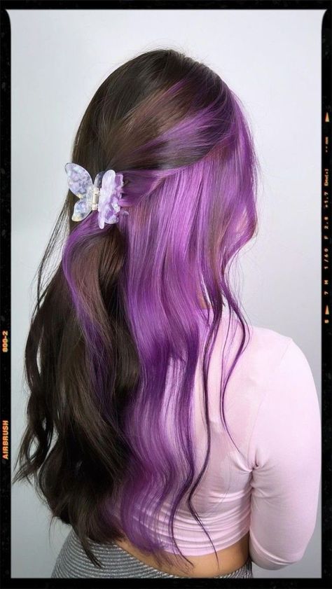 Brown Hair With Lavender Tips, Purple Under Hair Color, Lavender And Dark Brown Hair, Hair Color Ideas Light Purple, Black And Purple Hair Dye Ideas, Brown Hair With Peek A Boo Highlights, Purple Hair Highlights Underneath, Purple Hairstyles Long, Purple Under Dye Hair