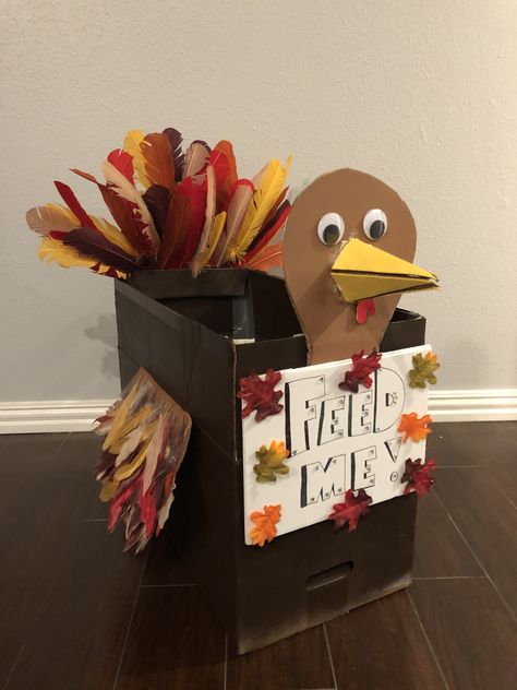 Turkey Donation Box Ideas, Turkey Box Craft, Thanksgiving Food Donation Box Ideas, Turkey Food Drive Box Ideas, Turkey Box Food Drive, Food Drive Box Decoration, Food Drive Boxes Ideas, Thanksgiving Donation Box Ideas, Pto Thanksgiving Ideas