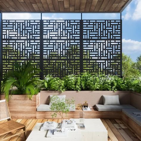 Fency 6 ft. H x 4 ft. W Metal Privacy Screen Panel Pattern & Reviews | Wayfair Contemporary Pergola, Outdoor Privacy Screen, Metal Privacy Screen, Front Flower Beds, Modern Pergola, Privacy Screen Outdoor, Outdoor Privacy, Privacy Panels, Metal Screen