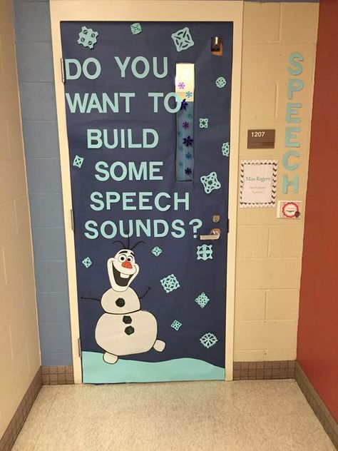 Speech Therapist Door Decoration, Bulletin Board Ideas Speech Therapy, Speech Room Door Ideas, Speech Christmas Door, Winter Speech Bulletin Boards, Speech Door Decor, Speech Clinic Decor, Welcome To Speech Therapy Bulletin Board, Slp Door Decorations