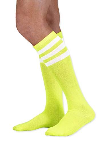 Tube Socks Outfit, Stripes Clothing, Socks Outfit, Tube Socks, Colorful Socks, Neon Yellow, Knee High, White Stripe, Top Styles