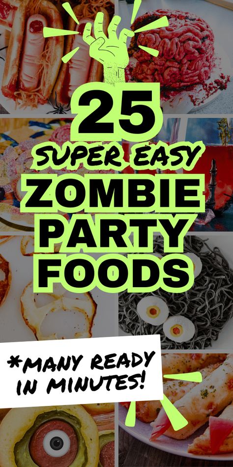 Easy DIY Zombie Party Food Recipes For Kids - Easy zombie recipes great for zombie themed parties, Halloween party for kids or Walking Dead party menu ideas. SUPER EASY HALLOWEEN FOODS and fun for Zombie Apocalypse Party ideas for zombie themes all year or zombie birthday party. #zombiefood #zombierecipe #grossfoods #zombieparties #monsterparty Zombie Dinner Ideas, Zombie Themed Party Food, Zombie Halloween Party Food Ideas, Zombie Snacks Food Party Ideas, Zombie Apocalypse Party Ideas, Zombie Sandwich, Zombie Desserts, Zombie Cake Ideas, Zombie Birthday Party Ideas