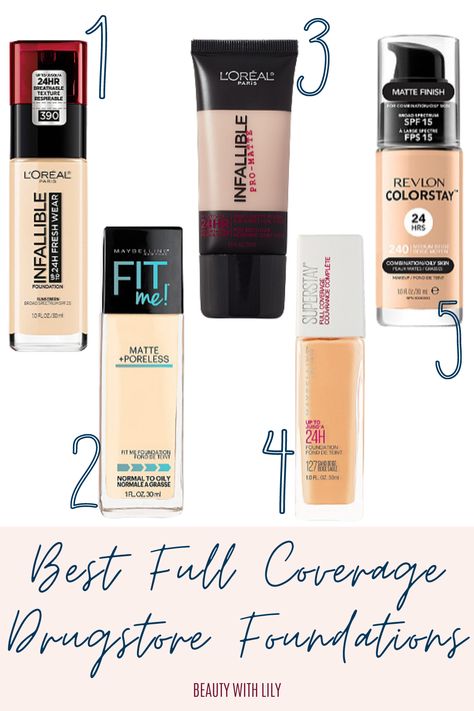 Best Full Coverage Drugstore Foundations // Foundation for Oily Skin Foundation for Combination Skin // Drugstore Makeup // Affordable Makeup for Oily Skin // Full Coverage Makeup // Glam Makeup // How To Conceal Acne | Beauty With Lily #drugstoremakeup #fullcoveragefoundation Best Foundation For Combination Skin, Full Coverage Drugstore Foundation, Eyes Inspiration, Makeup Affordable, Revlon Colorstay Foundation, Acne Beauty, Best Drugstore Foundation, Drugstore Concealer, Makeup Workshop