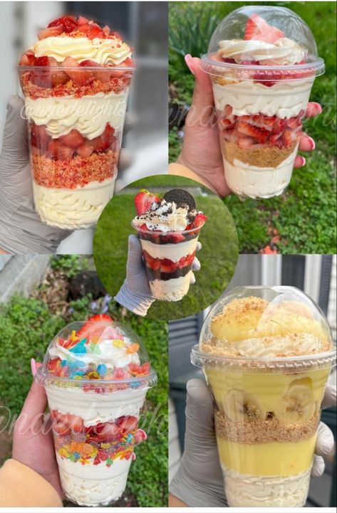 Ice Cream Cups Ideas, Bakery Selling Ideas, Selling Sweets Ideas, Baked Items To Sell, Cake Cup Flavors, Pink Treat Table Ideas, Dessert Food Truck Ideas, Dessert Recipes To Sell, Food Truck Ideas Business