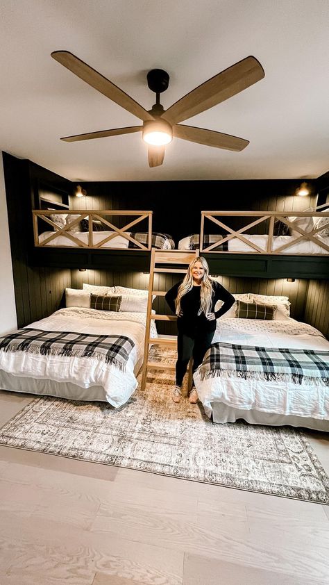 Farmhouse Bunk Beds Guest Rooms, Bunk Beds For Guest Room, Cabin Queen Bunk Beds, Queen Bed With Twin Bunk, Lake Bunk House, Twin Bed Bunk Room, Bunk Room With Low Ceiling, Custom Queen Bunk Beds, Guest Room With Queen Bed And Bunk Beds