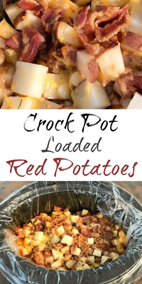 simple red potatoes in crock pot loaded with bacon, ranch seasoning, cheese and chives Red Potato Crockpot Recipes, Crockpot Sides Recipes, Recipes With Red Potatoes, Crock Pot Potluck Recipes, Loaded Red Potatoes, Vegetables Crockpot, Potatoes In Crock Pot, Potatoes Side Dishes, Side Potatoes