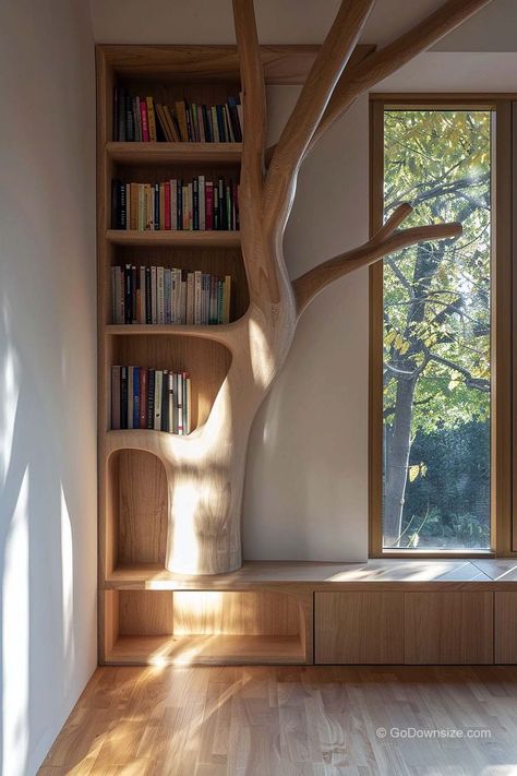 Bookshelves With Reading Nook, Tree Corner Bookshelf, Wooden Wall Book Shelves, Tree Bookshelf Corner, Unique Bookcases Creative Bookshelves, Bookshelf Wall Diy, How To Display Books Without A Bookshelf, Corner Bookshelf Diy, Unique Bookshelf Design