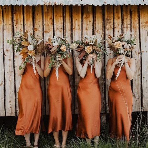 Wedding Party Photo Faux Pas: What NOT to Do Bronze Bridesmaid Dresses, Slip Bridesmaids Dresses, Copper Bridesmaid Dresses, Boho Bridesmaid Dress, Orange Bridesmaid, Fall Bridesmaids, Orange Bridesmaid Dresses, Bridesmaid Dresses Boho, Fall Bridesmaid Dresses