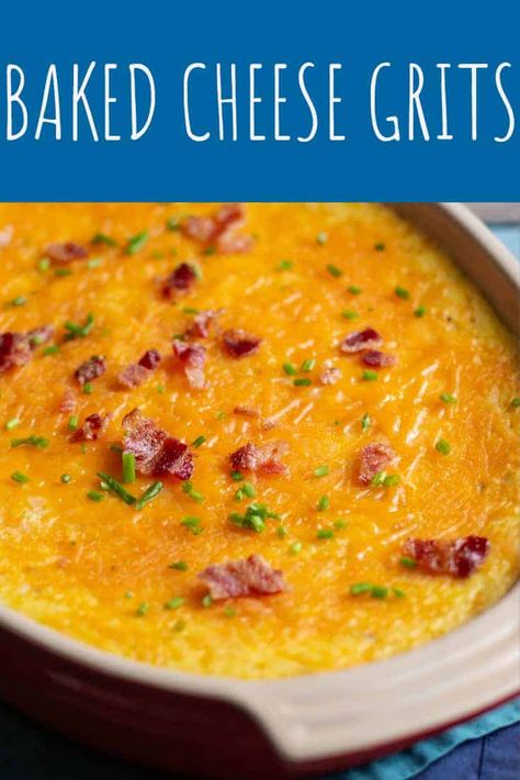 Cheesy baked grits (with chives and bacon!) are a great breakfast or brunch dish. They can feed a crowd and can even be made ahead of time. Baked Grits, Grits Casserole, Cheesy Grits, Sweet Potato Waffles, Polenta Recipes, Grits Recipe, Cheese Grits, Easy Bacon, Bacon Breakfast