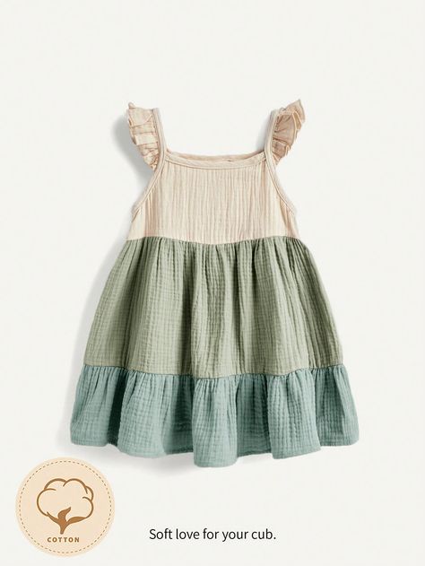 Green  Collar Sleeveless Woven Fabric Colorblock Smock Embellished Non-Stretch  Baby Girls Clothing Handmade Baby Clothes Patterns, Trim Contrast, Toddler Summer Outfits, Summer Green, Baby Clothes Patterns, Baby Frocks Designs, Dress For Summer, Spaghetti Strap Dress