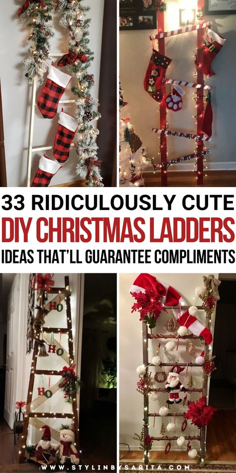 DIY Christmas ladders ideas Blanket Ladder Holiday Decor, Holiday Blanket Ladder, Xmas Ladder Decorations, Stockings On A Ladder, Stockings On Ladder Christmas, Decorating Ladders Ideas, Stocking Ladder Christmas, Christmas Stocking Ladder, Diy Christmas Ladder