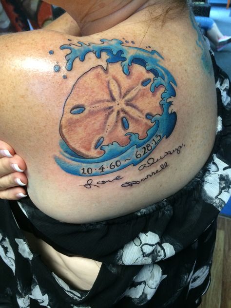 Seashell Memorial Tattoo, Ocean Memorial Tattoo, Tattoo For My Husband, Sand Dollar Tattoo, Dollar Tattoo, Beach Tattoos, Seashell Tattoos, Music Tattoo Designs, Beach Tattoo