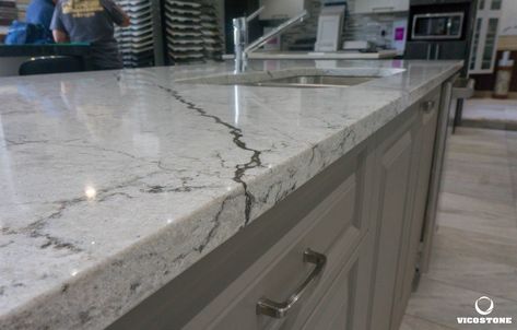 From Vicostone’s Thunder Series, Diamante’s dark veins pop on a white granite-look background. Featuring a touch of sparkle throughout the slab. Vicostone Quartz Countertops, Dark Granite Countertops, Kitchen Quartz, Shaker Style Kitchen Cabinets, Countertops Bathroom, Shaker Style Kitchens, Kitchen Backsplash Designs, Quartz Slab, Quartz Kitchen