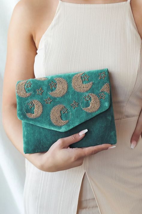 Fancy Clutch Purse, Whimsical Wardrobe, Celestial Pattern, Teal Purse, Canvas Bag Design, Beaded Pouch, Handmade Fabric Bags, Teal Velvet, Diy Bag Designs