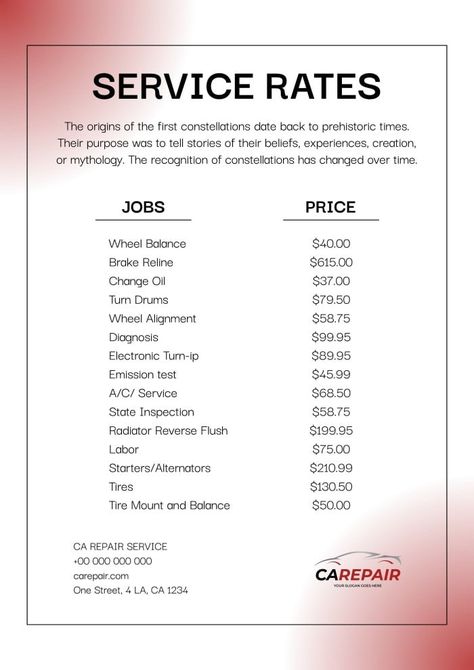 Modern CaRepair Car Service Price List Small Engine Repair Shop Layout, Handyman Business, Mobile Mechanic, Mechanic Shop, Rv Repair, Car Buying Tips, Price List Template, Automotive Repair Shop, Automotive Mechanic